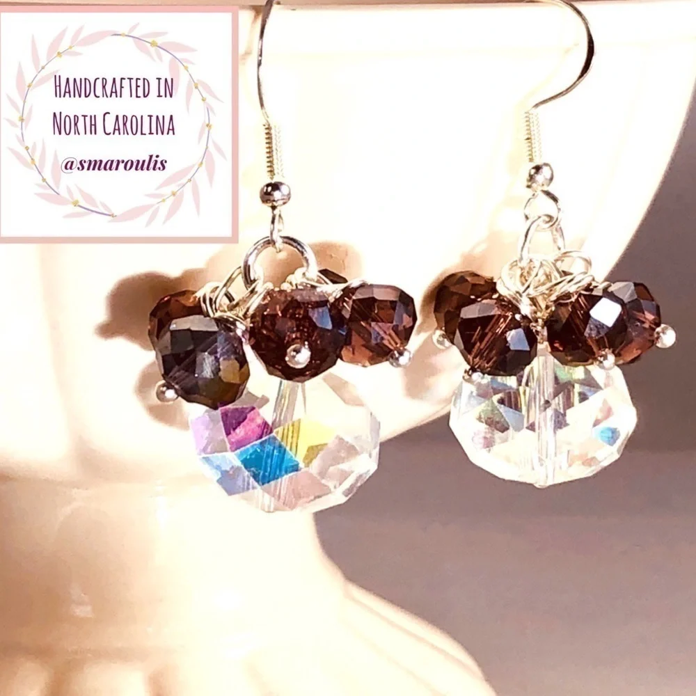 𝅺Sterling Silver Earrings Bead Fired Garnet & Austrian Crystal - Picture 2 of 12